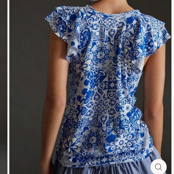 Maeve Anthropologie Sz XS Catie Ruffle-Sleeved‎ Tee Blouse Top Blue Motif Boho - Picture 2 of 14